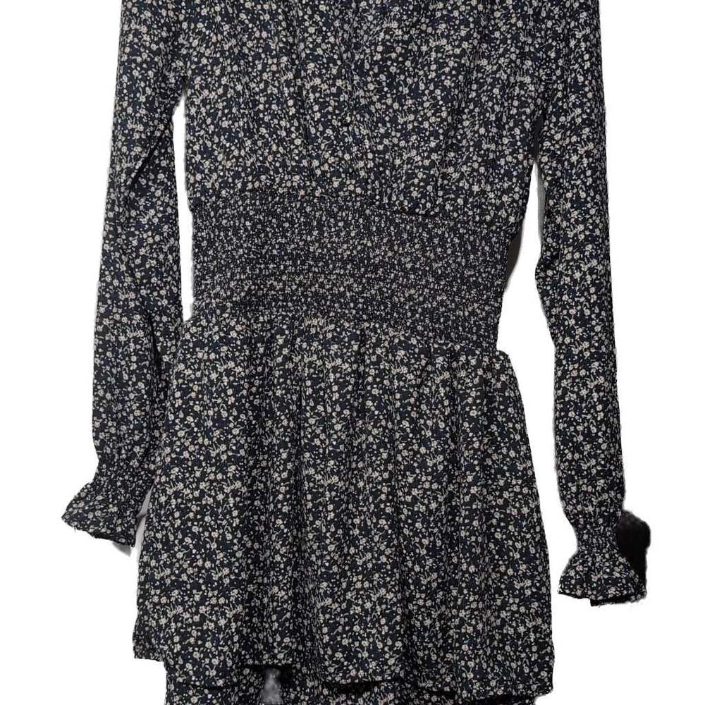 Revamped Shirred Waist Ditsy Floral Black Mini Dress size S